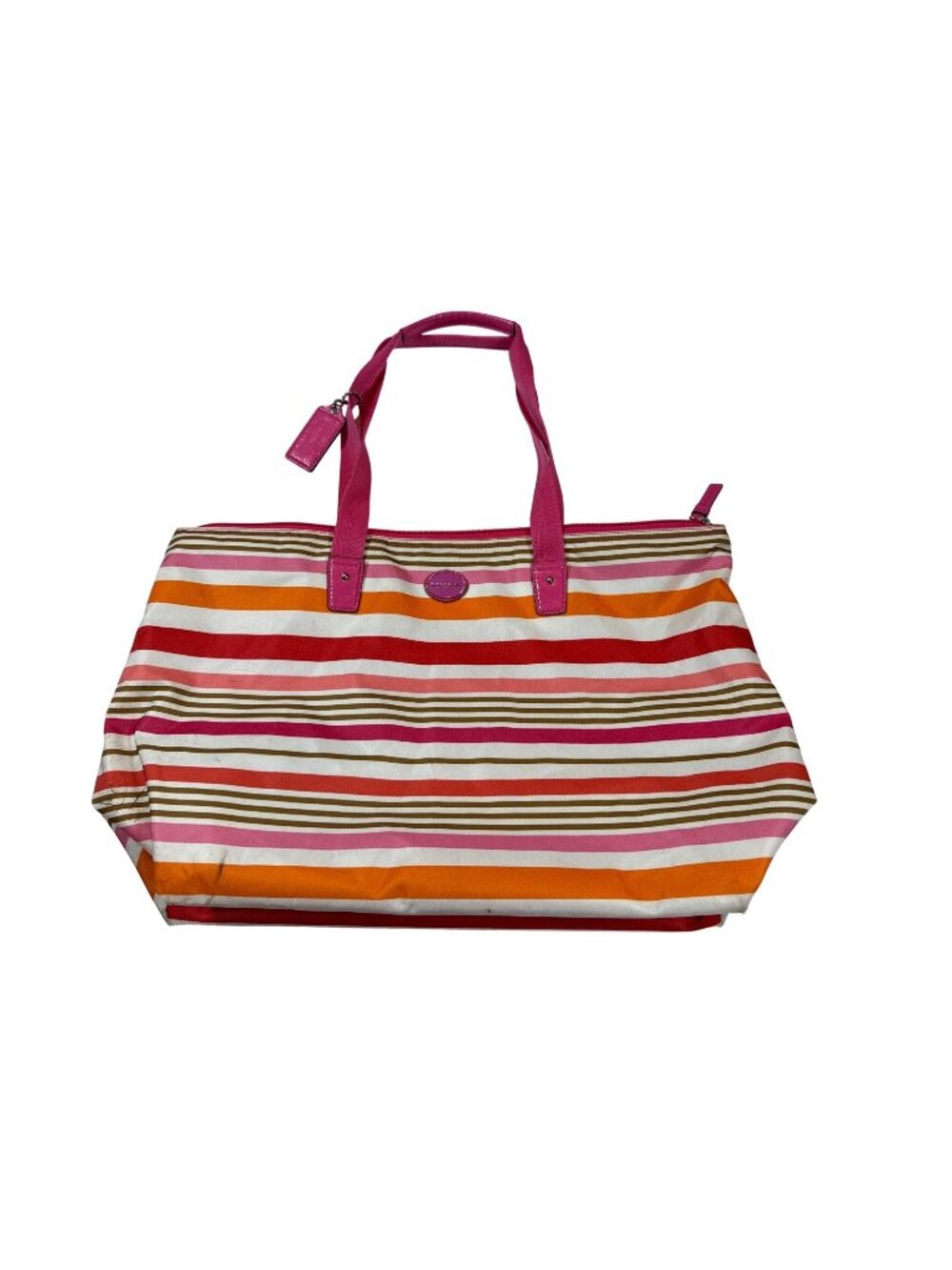 Coach weekender Multi-Color Stripe Large Tote Bag Pink Handles Zipper Top